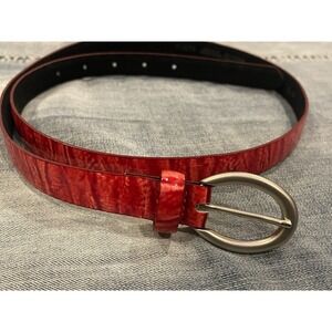 Landes Red Belt 50279 Leather Skinny Texture Size L Silver Buckle